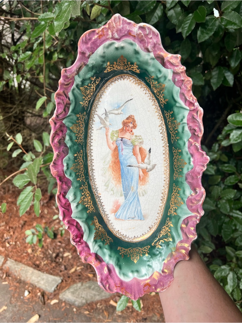 Victorian-Style Decorative Serving Plate in Pink, Green & Gold 14x8